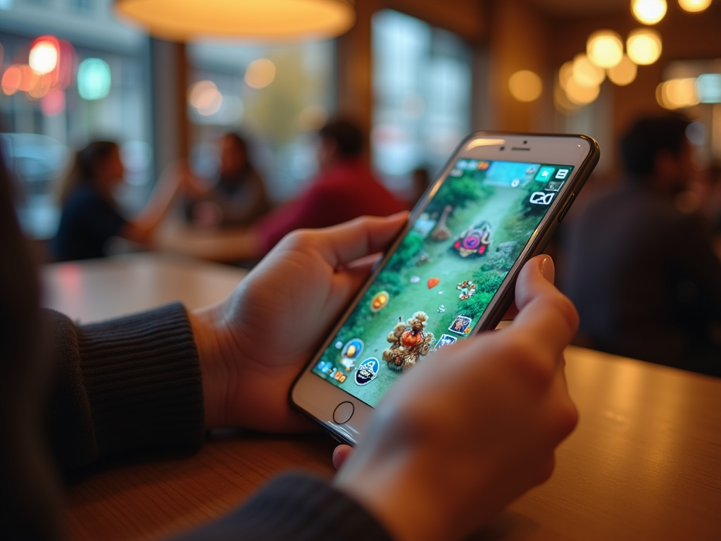 A person holds a smartphone displaying a colorful game, with a café setting in the background.