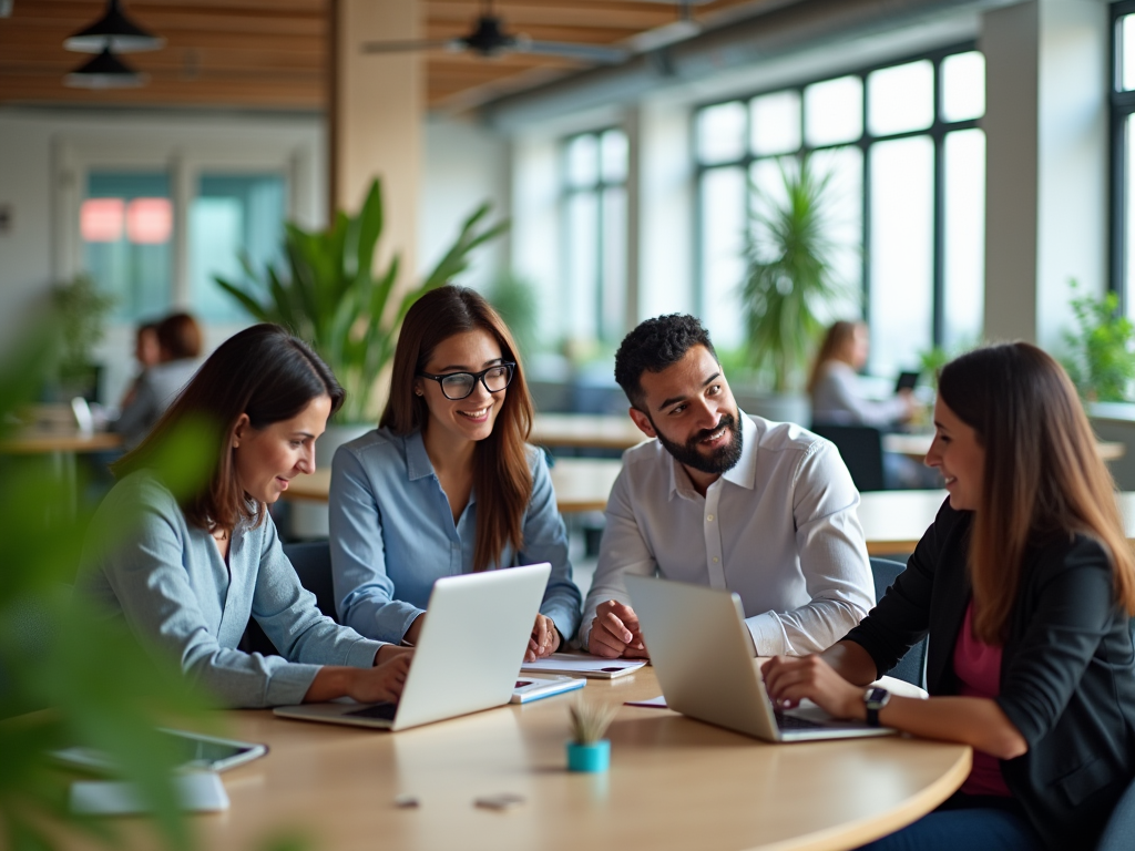 Four professionals discussing over a laptop in a bright modern office.