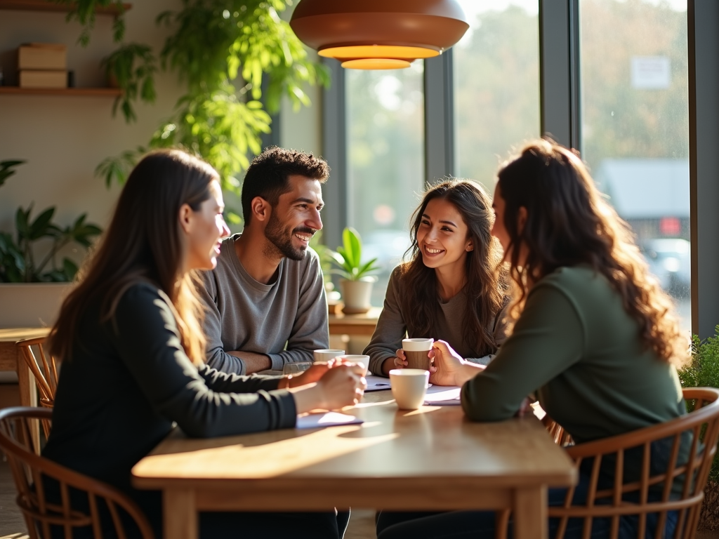 Four friends laughing and enjoying coffee at a sunlit café table.