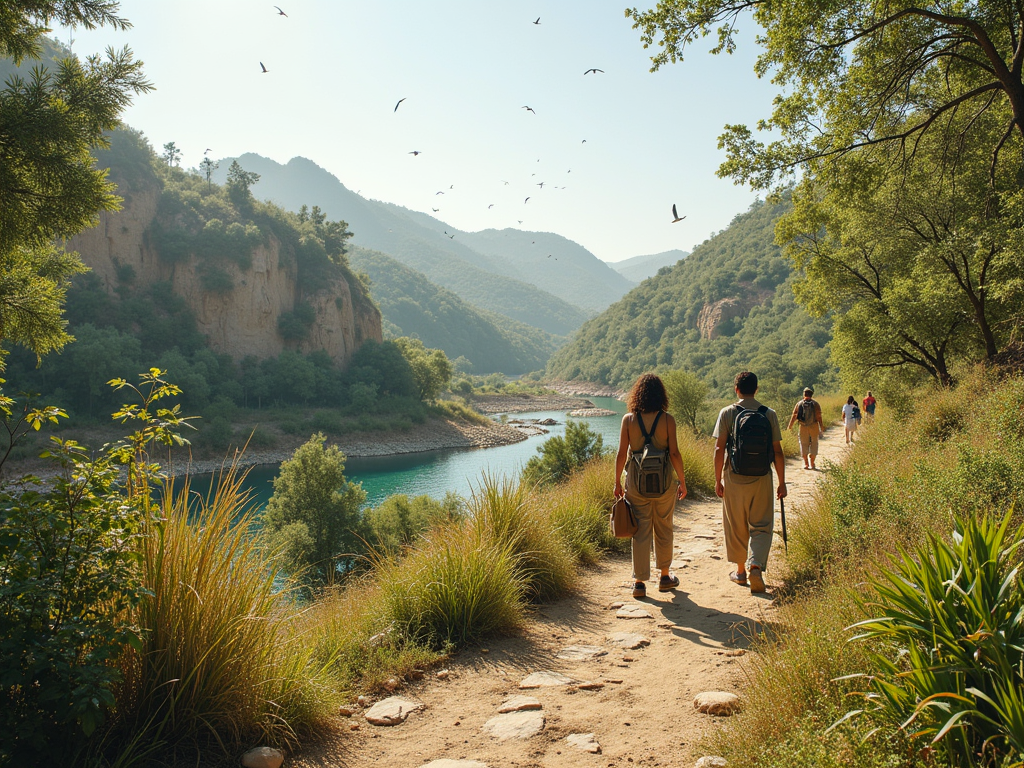 A group of hikers walks along a trail beside a river, surrounded by mountains and trees, under a clear sky.