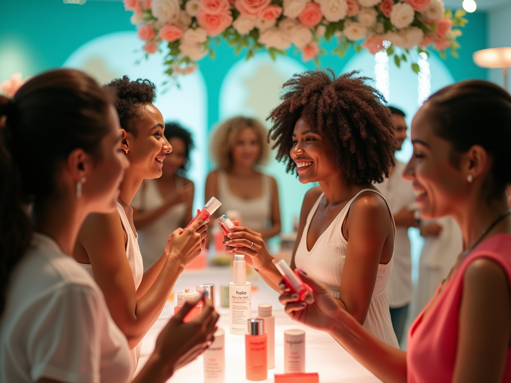 A group of women smiles while examining skincare products at a bright, stylish event decorated with flowers.