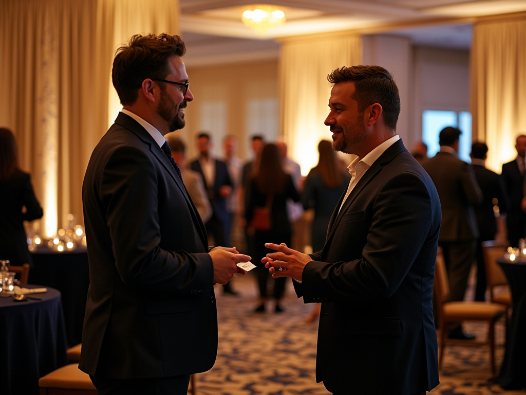 Two men in suits exchanging business cards at a networking event.