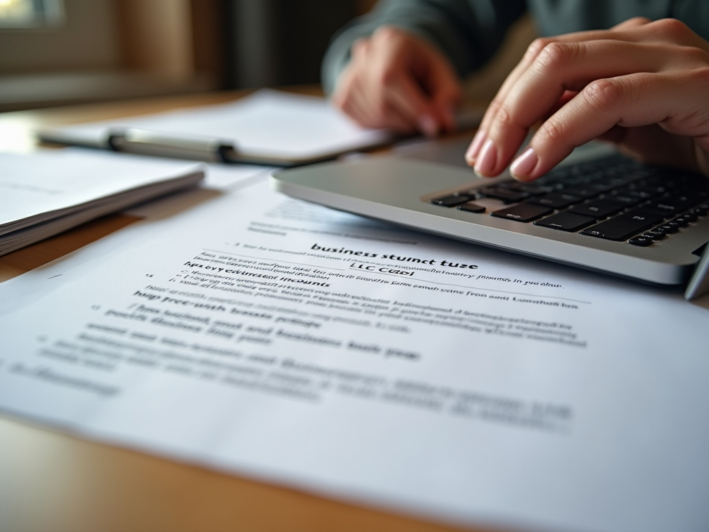 Person typing on a laptop with business documents in foreground.