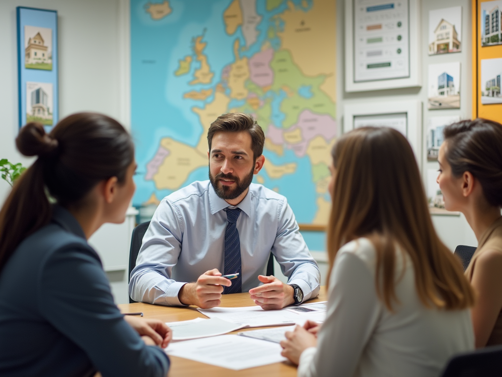 A man discussing with three women in a meeting room with maps and housing plans on the walls.