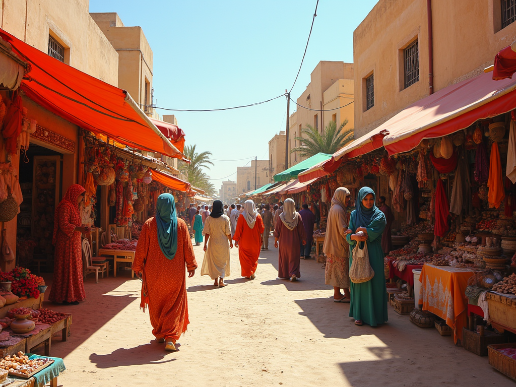 A vibrant market scene with women shopping under colorful awnings on a sunny day. Palm trees line the street.