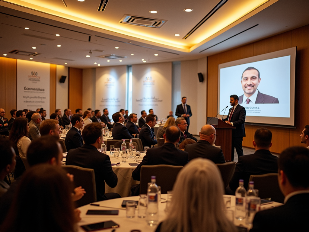 Man speaks at podium in conference room filled with attendees, large portrait on screen behind.