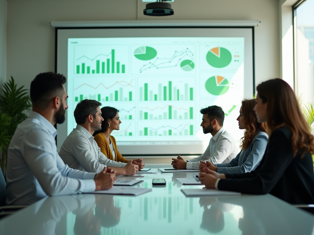 Professionals in a meeting discussing data shown on a screen with graphs and charts.