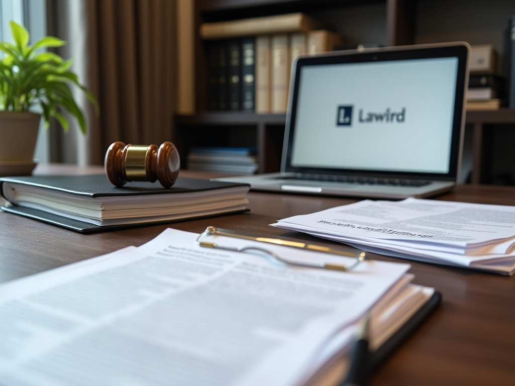 Laptop with "Lawird" logo on screen, wooden gavel on book, and documents on desk in an office.