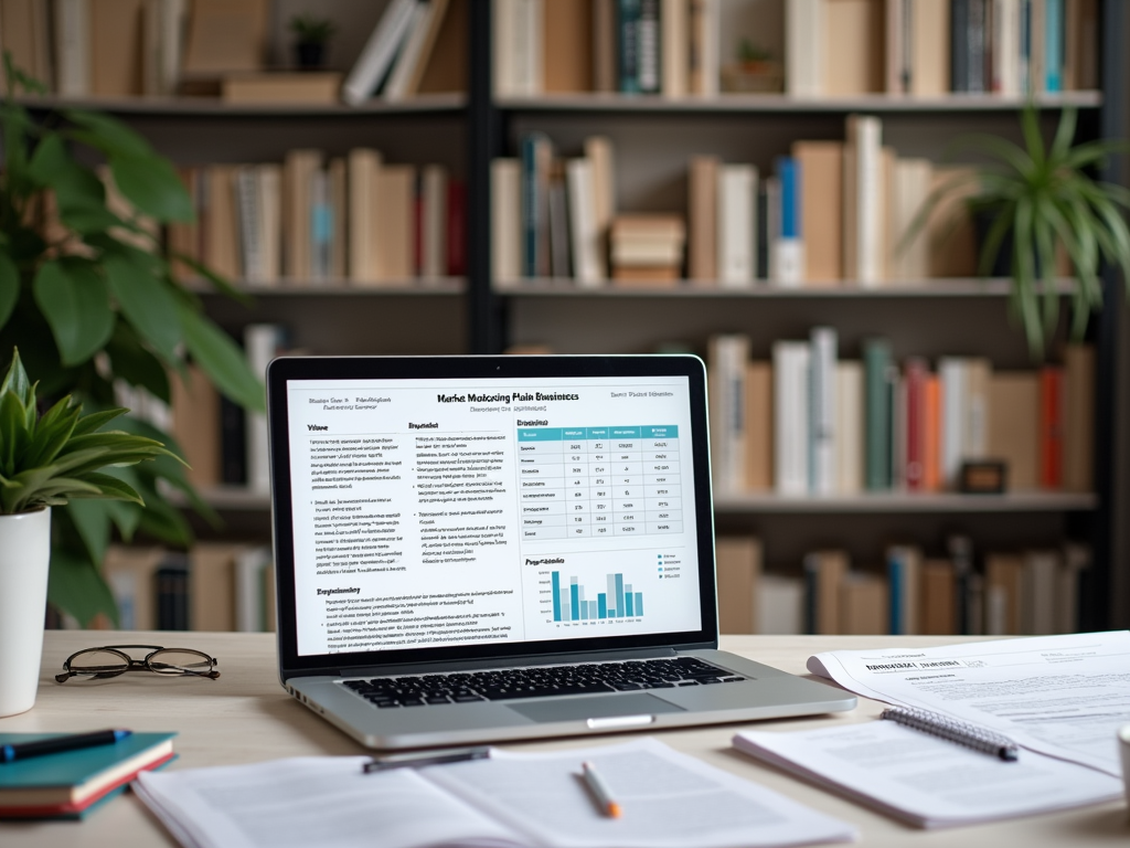 Laptop on a desk displaying graphs and data, surrounded by books, glasses, a notebook, and plants.