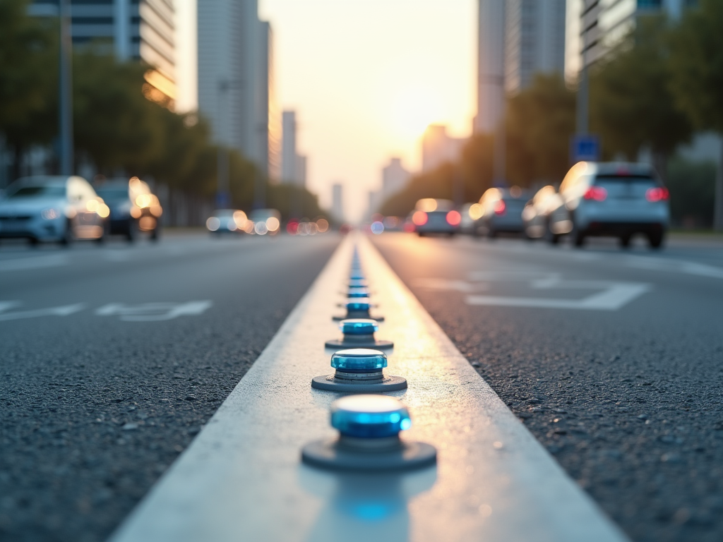 A close-up of road markers with blue lights lining a city street at sunset, cars in the background.