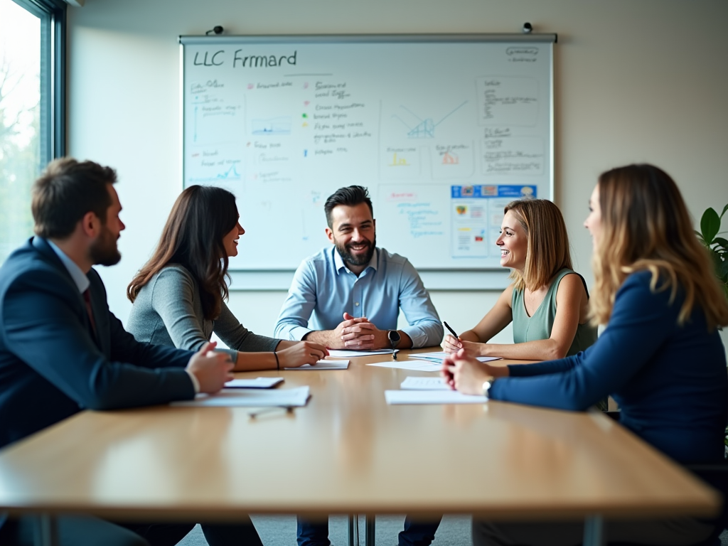 Business team meeting and discussing charts on whiteboard in a conference room.