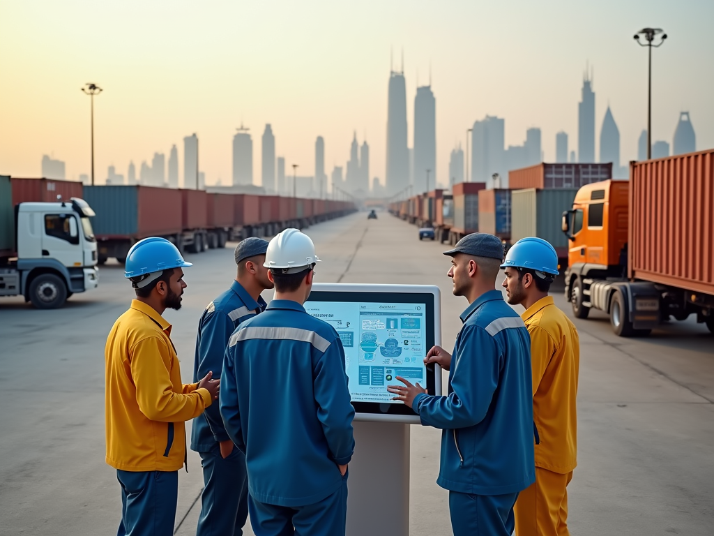 Five workers in hard hats discuss logistics on a digital board at a busy container terminal.