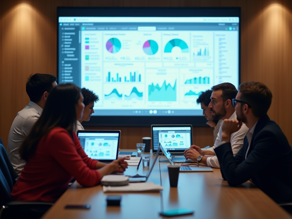 A team in a conference room analyzes data on laptops, with visuals displayed on a large screen behind them.