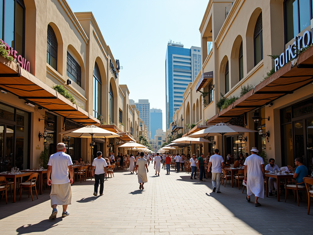 Sunny outdoor shopping area with people dining under umbrellas, flanked by beige buildings.