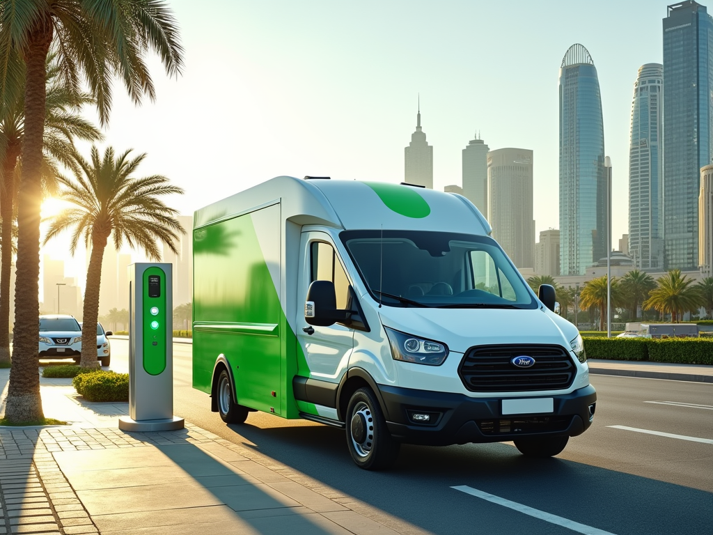 Electric van charging at station with modern cityscape and palm trees in the background.