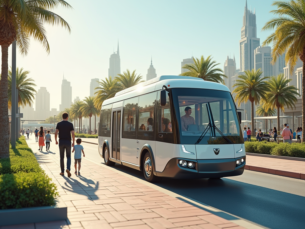 A modern bus travels along a palm-lined street bustling with families and skyscrapers in the background.