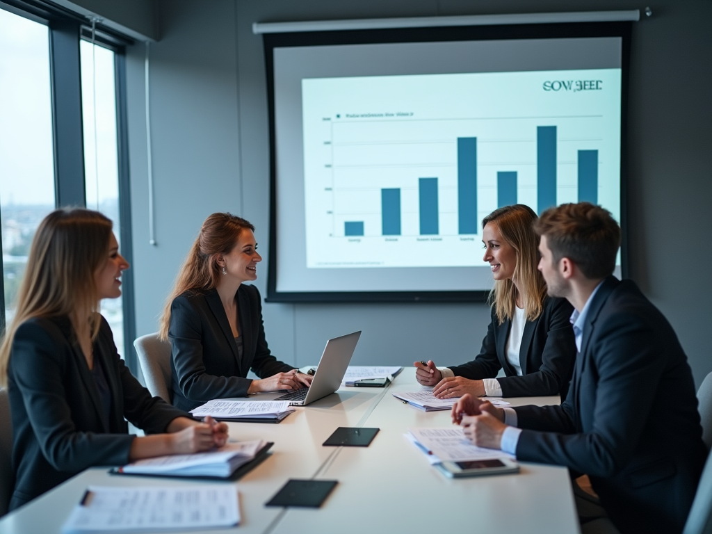 Four professionals discussing a bar chart presentation in a modern office meeting room.