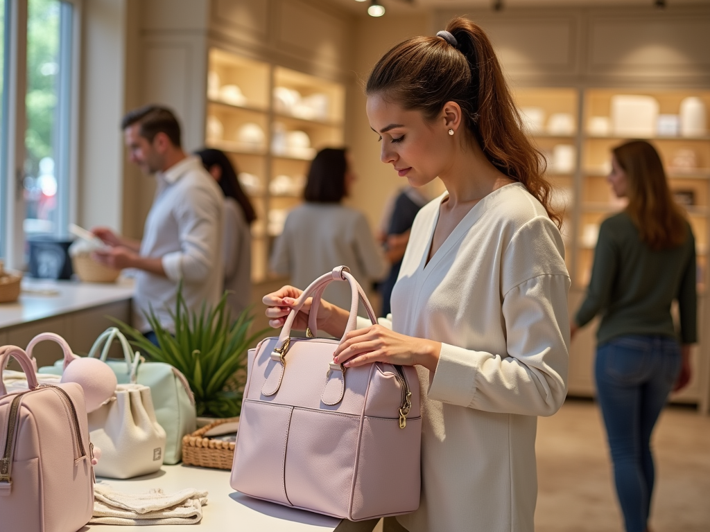 A woman in a white sweater examines a lavender handbag in a stylish store, with shoppers in the background.