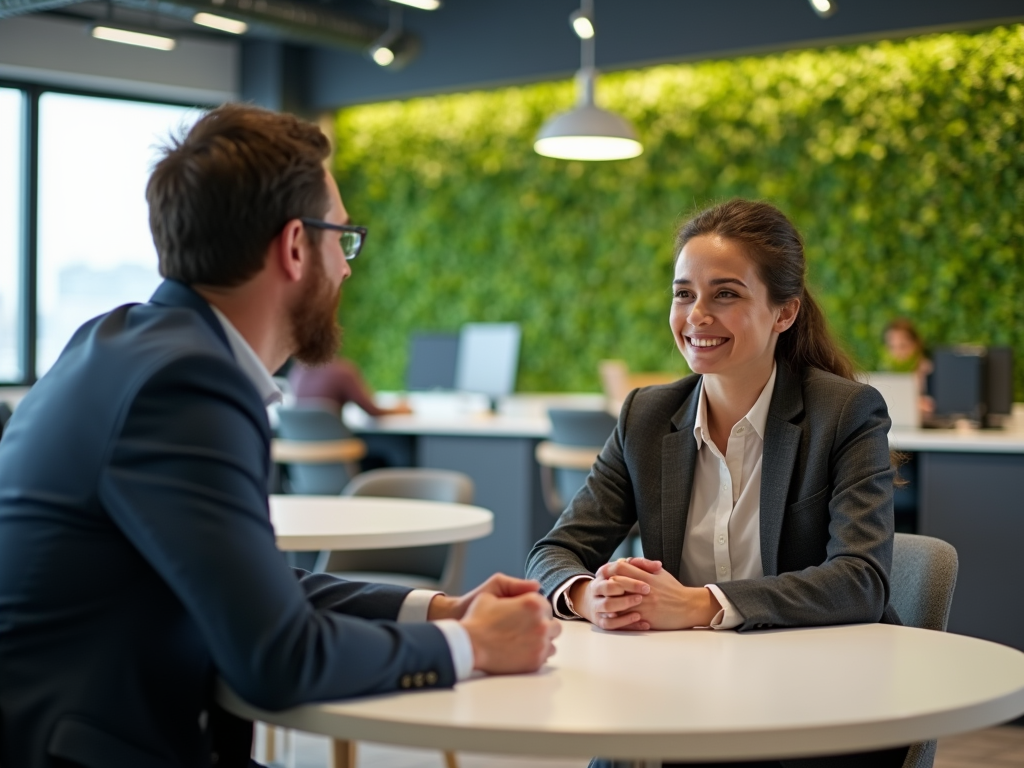 Two professionals in a meeting at a modern office space, with green plant wall in the background.