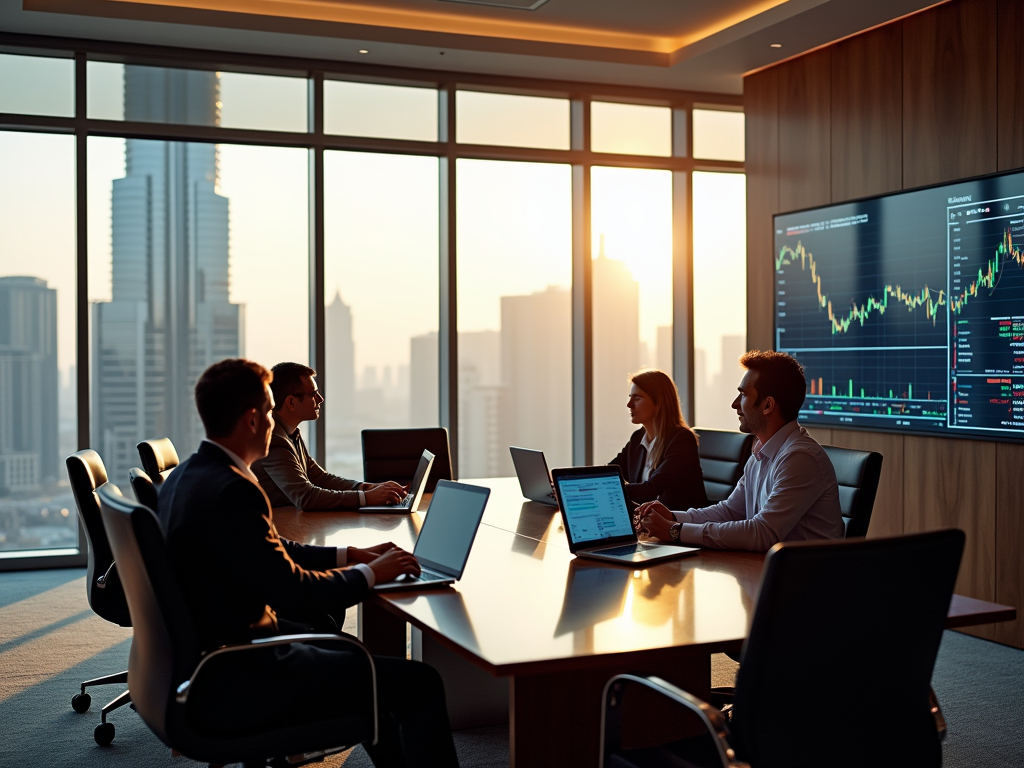 Team of professionals discussing in a boardroom with a cityscape background and stock market screens.