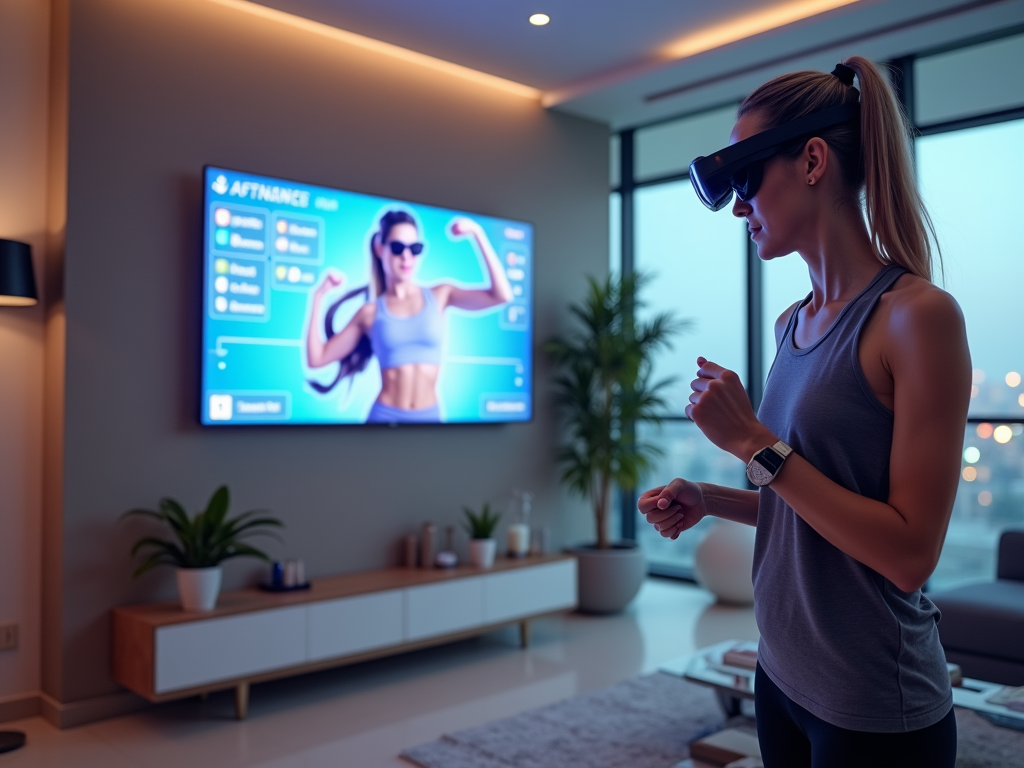 A woman with fitness goggles exercises in a modern living room, with a fitness monitor displayed on the TV.