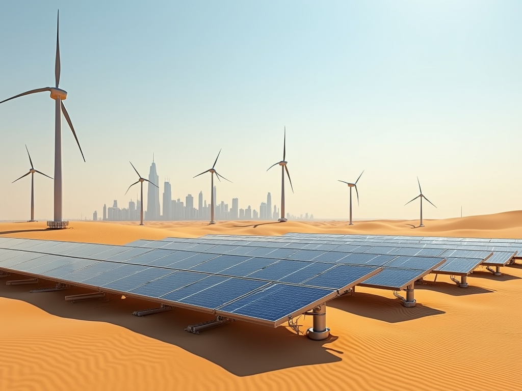 A desert landscape with solar panels and wind turbines, contrasting with a skyline in the background.