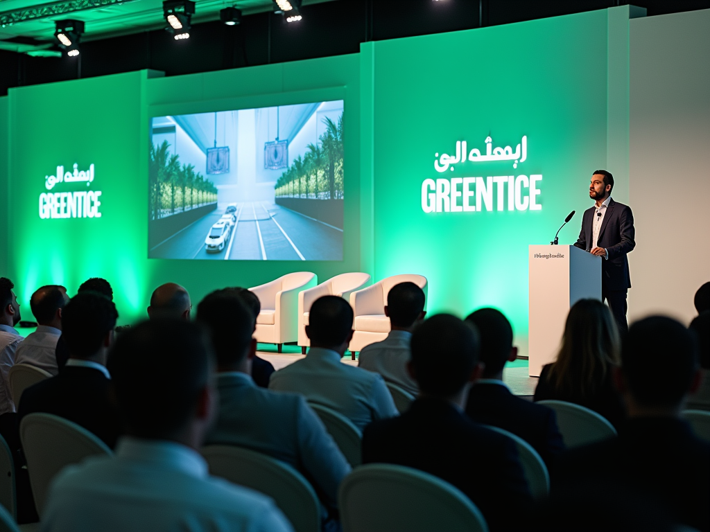 A speaker presents at an event titled "GREENTICE," with an engaging visual display in the background.