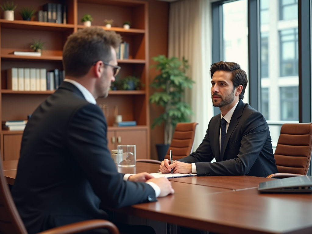 Two businessmen in suits engaged in a meeting at a conference table in a modern office.