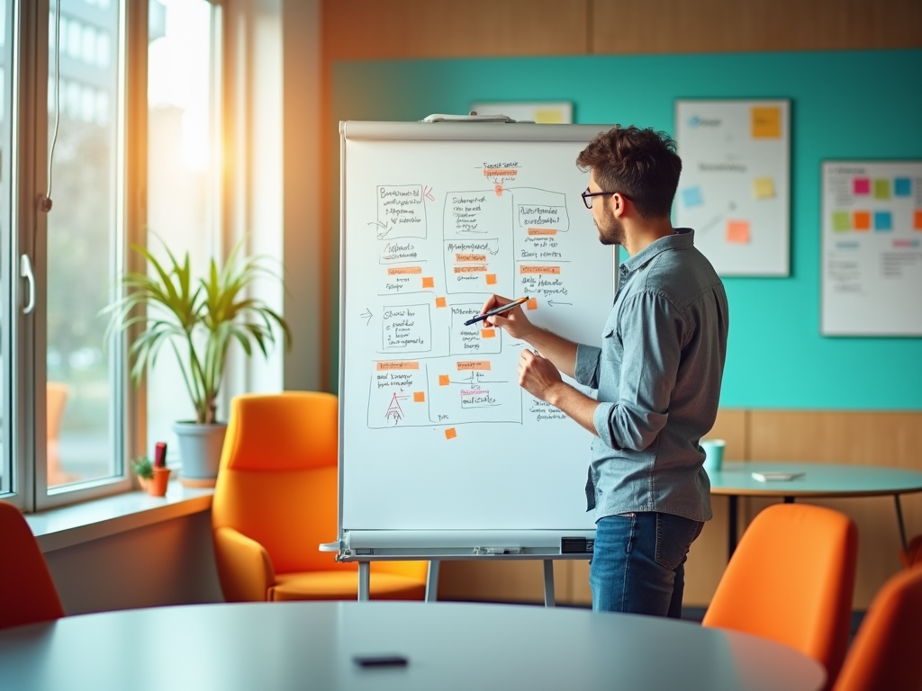 Man in glasses presenting ideas on a whiteboard in a colorful office setting.