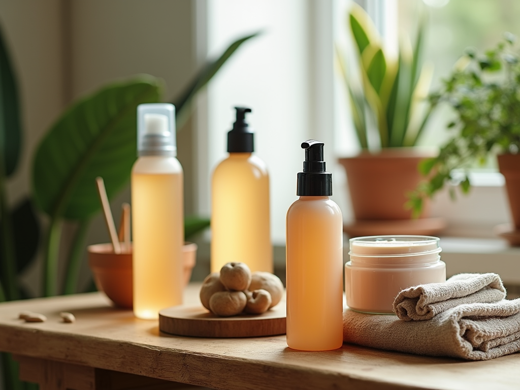 A wooden table with various skincare bottles, a jar, a towel, and plants in the background.