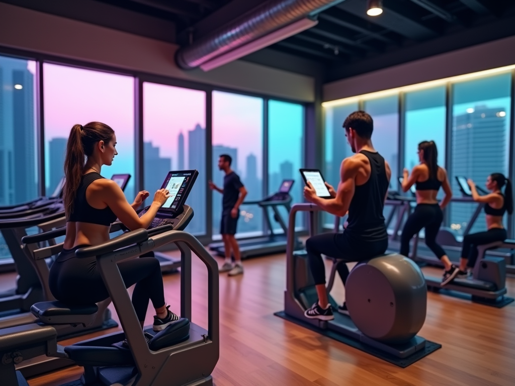 A modern gym scene at sunset, featuring individuals using exercise equipment and tablets.