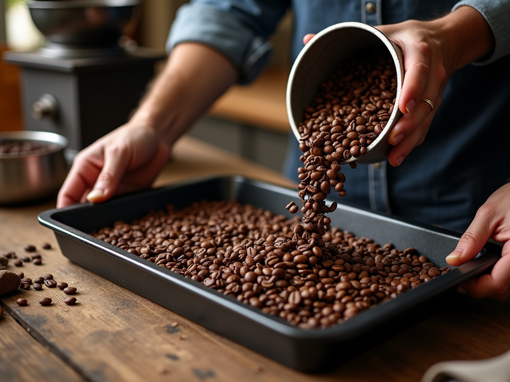 A person pours roasted coffee beans from a container onto a tray, with a grinder and bowls in the background.