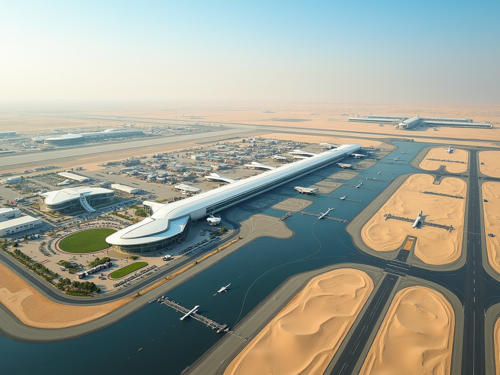 Aerial view of a modern airport by the desert with surrounding water bodies and intricate terminal designs.