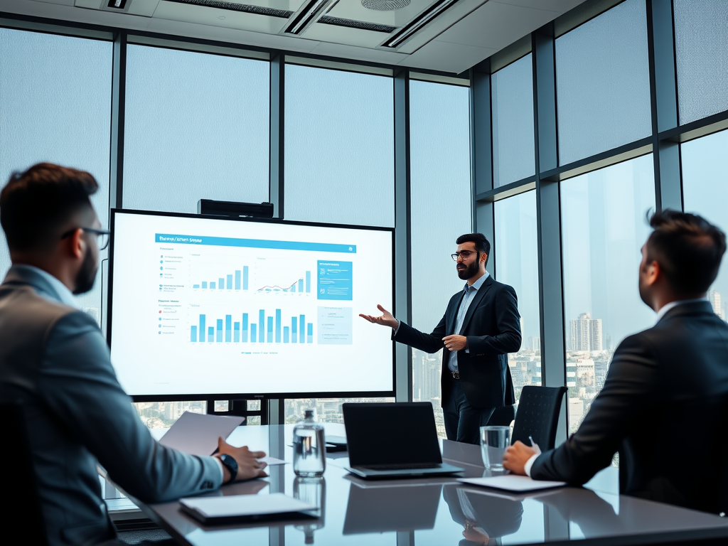 A business presentation in a modern office with a speaker addressing three colleagues, featuring graphs on a screen.