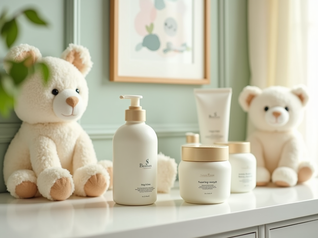 A cozy scene with plush teddy bears and skincare products on a white shelf against a light green background.