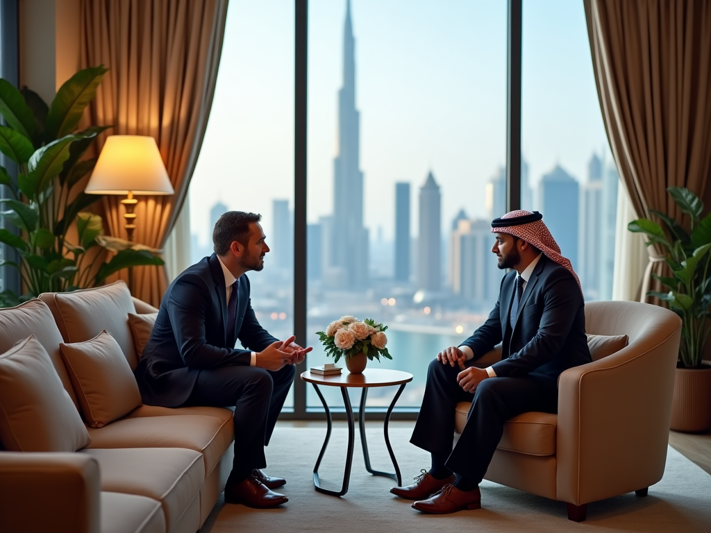 Two businessmen in a discussion in a luxury room overlooking a city skyline.