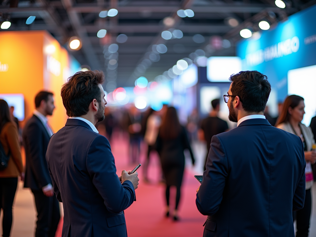 Two men in business suits talking at a busy trade show with colorful booths.