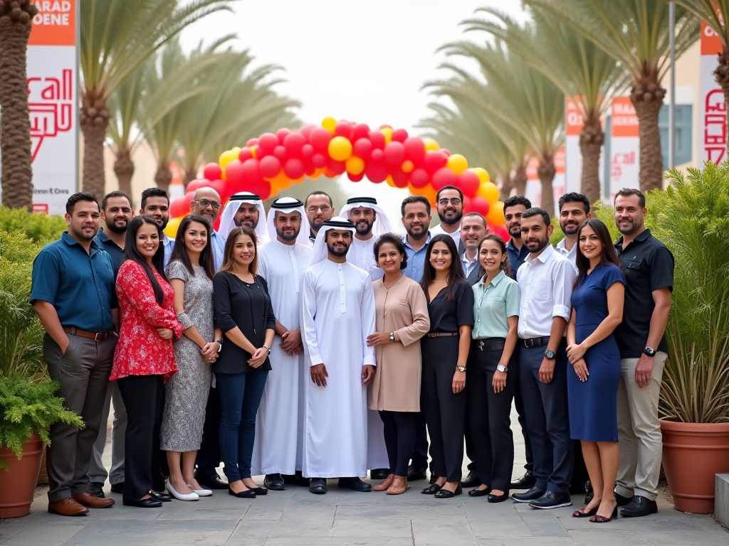 Group of diverse people posing together at an outdoor event with balloon arch in the background.