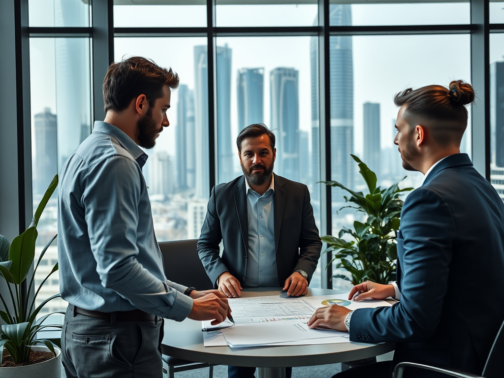 Three men discuss plans in a modern office with a city skyline in the background and plants around the table.