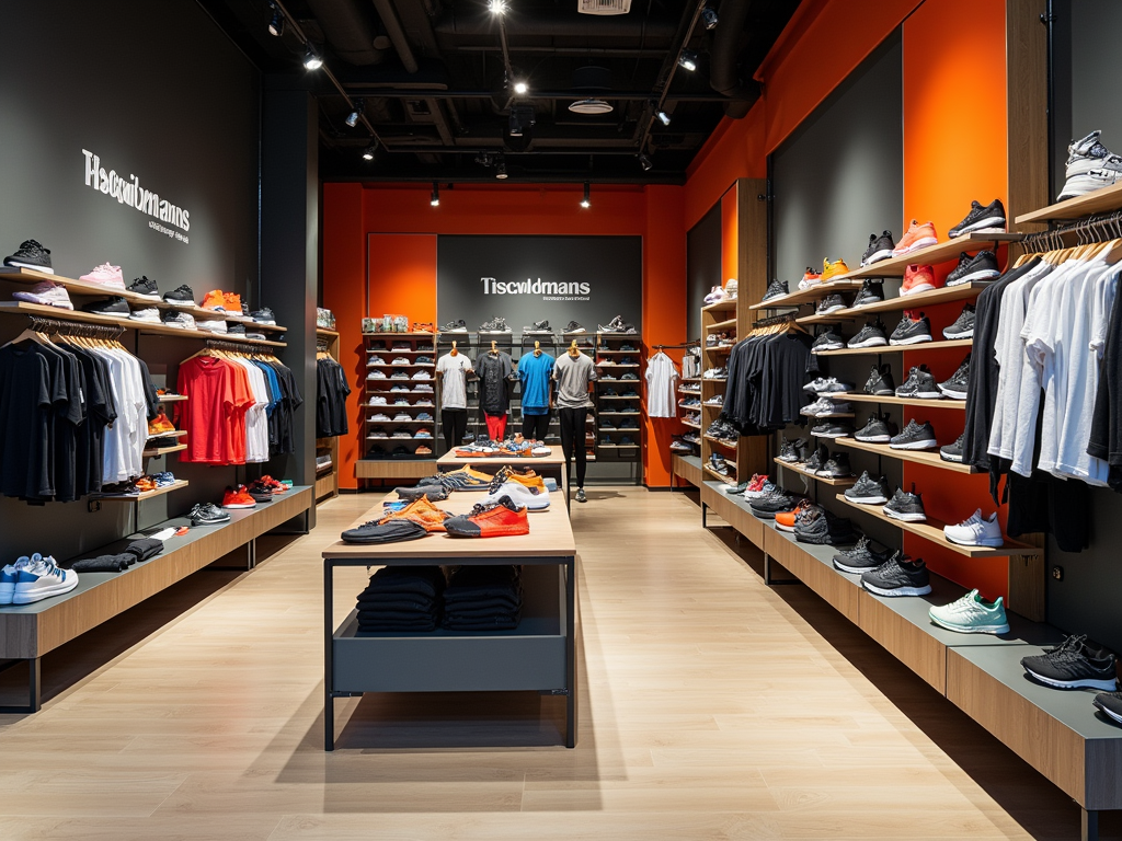 A modern retail store displaying athletic apparel, shoes, and accessories on shelves with a bright orange accent wall.