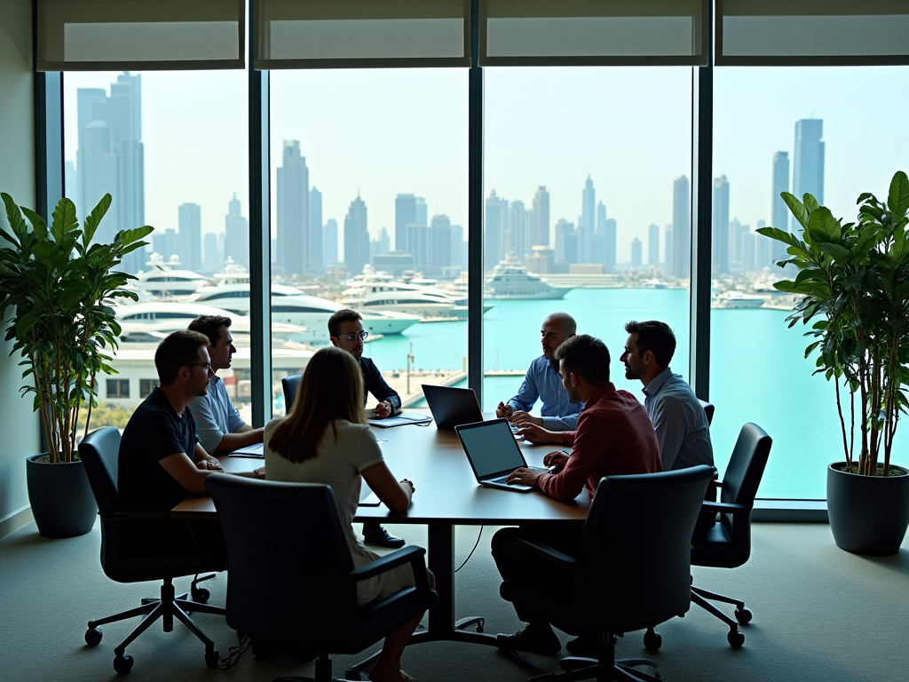 Business meeting in a room overlooking a city skyline and water.