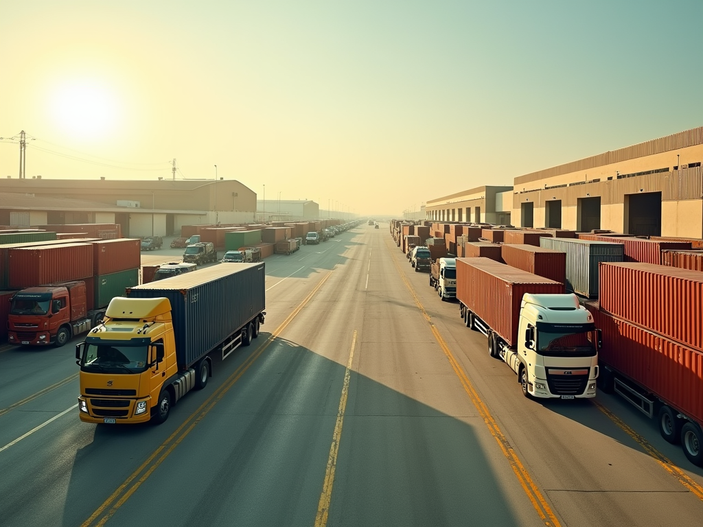 Trucks loaded with containers on a busy industrial road at sunset.