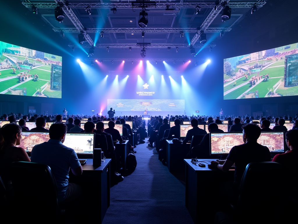 A large audience at a gaming event sits at computers, focused on screens displaying gameplay. Bright stage lights illuminate the scene.