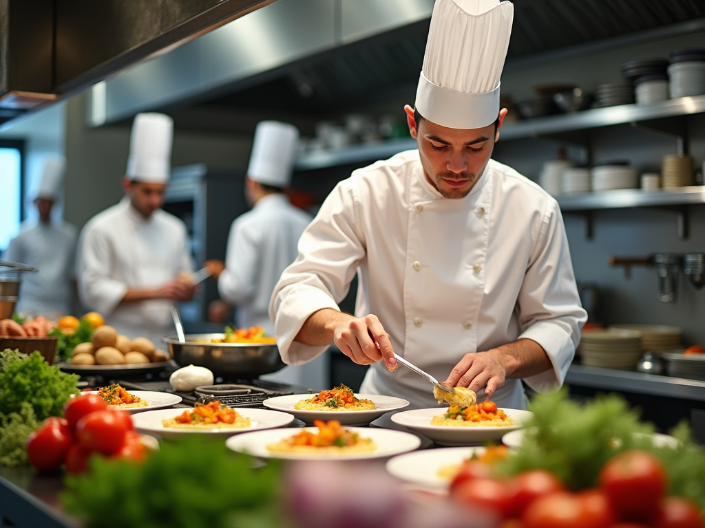 Chef in white uniform and hat carefully plating a dish in a busy kitchen.