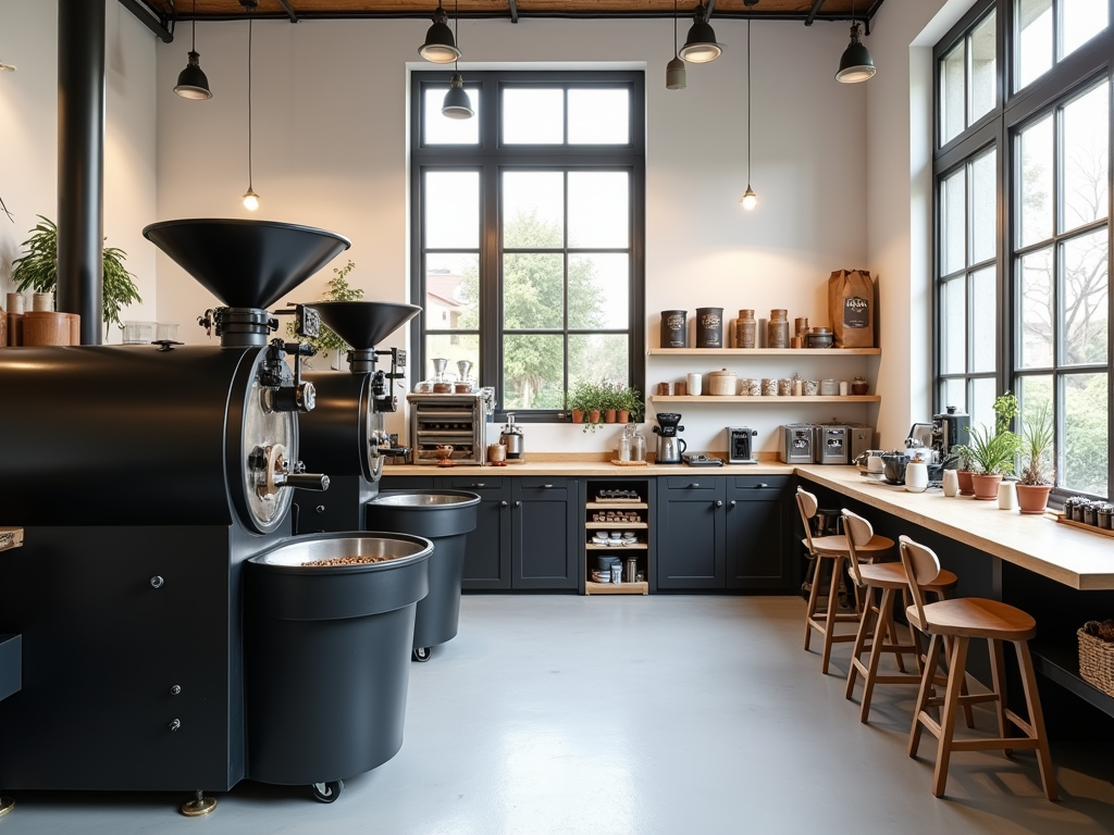 A modern coffee roasting space featuring grinders, shelves with jars, and a wooden counter with seating.