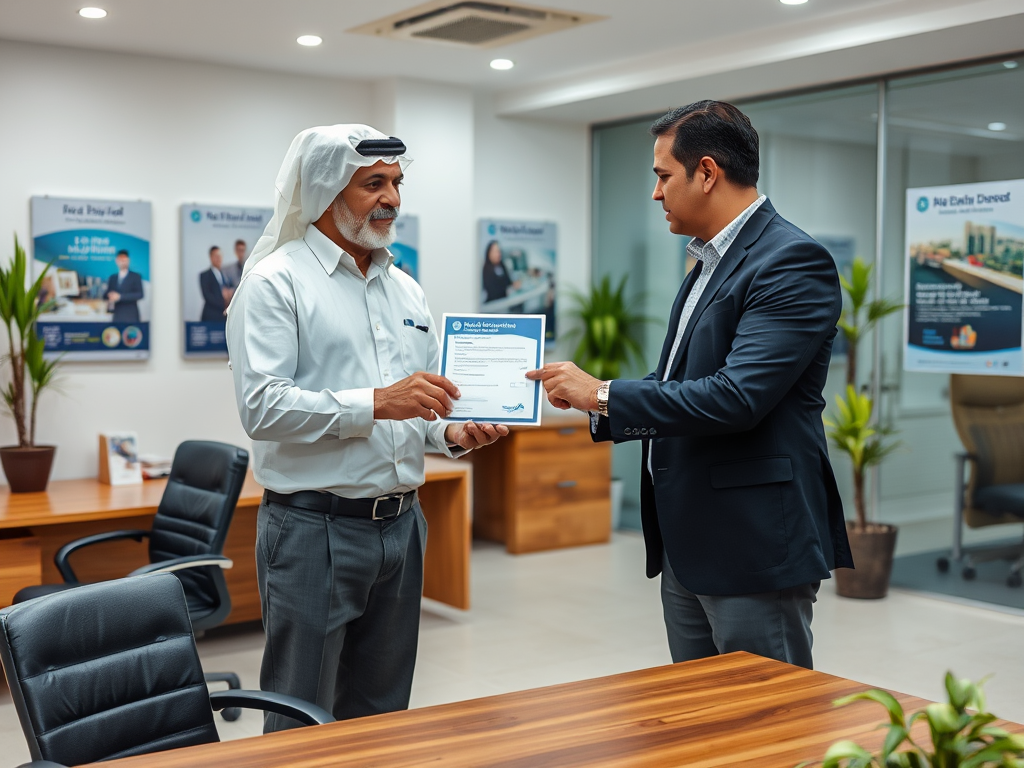 Two men in an office, one handing a certificate to the other, with promotional posters and plants in the background.