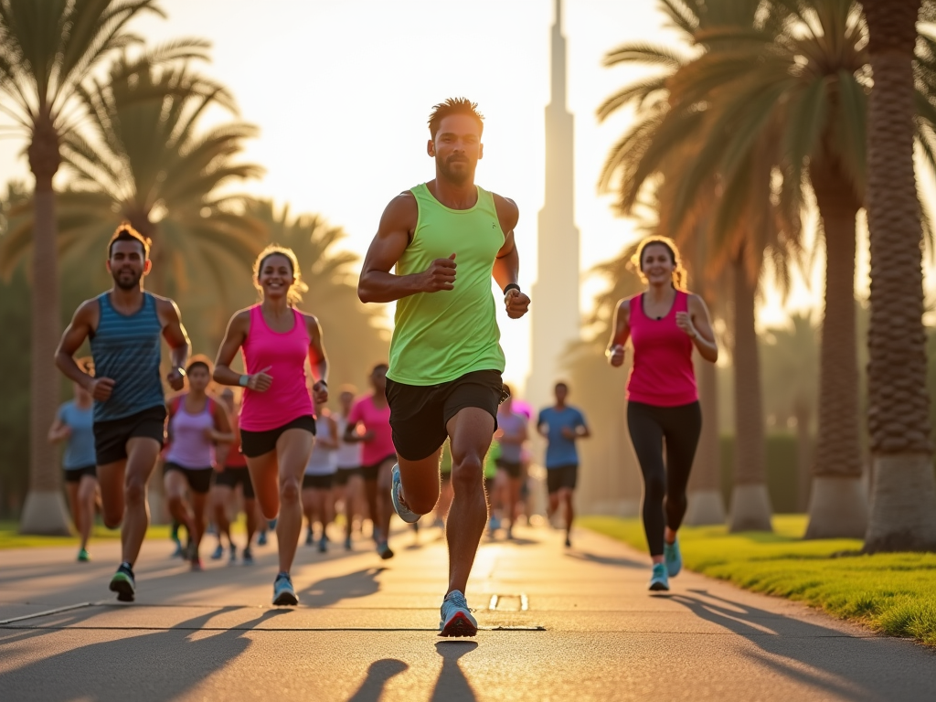 A group of runners in colorful athletic wear jogs along a palm-lined path during sunset.