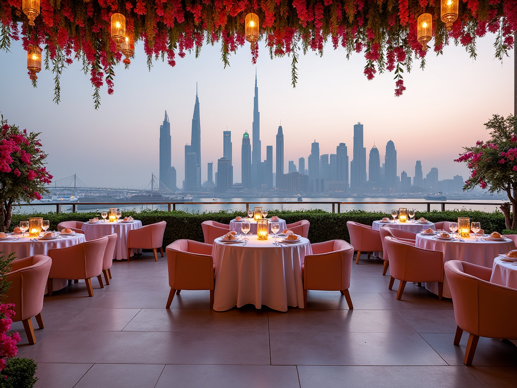 Outdoor dining area with lit candles on tables, overlooking a city skyline at dusk, decorated with hanging lanterns and flowers.