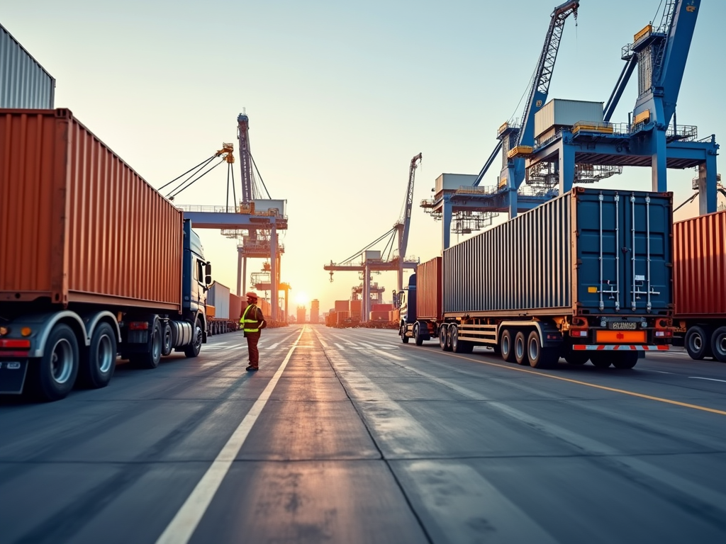 Worker in high-vis vest at busy port with trucks and shipping containers during sunset.